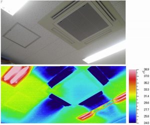 エアコン吹出口付近の赤外線画像（天井表面の温度分布）